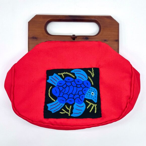 Vintage Trimingham’s Bermuda Bag Wooden Handle Handbag Mini Purse Red - Picture 1 of 10